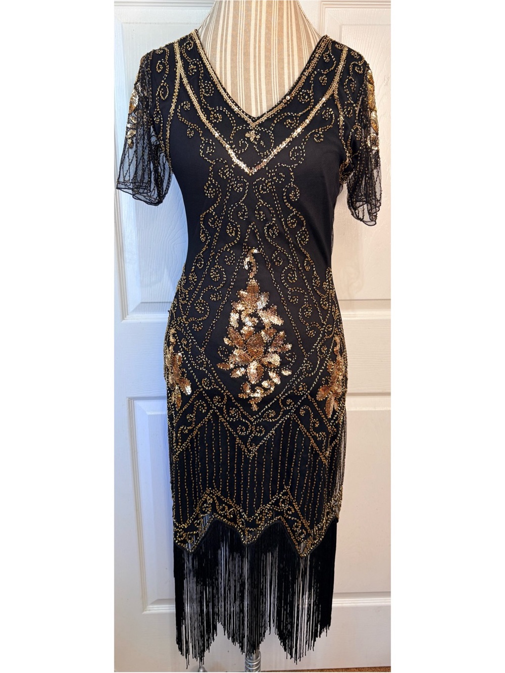 Vintage-Inspired Black & Gold Beaded Fringe Dress